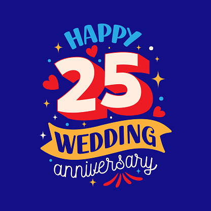 Happy 25 wedding anniversary logo design with 3D letter, heats, stars and confetti elements. Celebrating 25 Year Anniversary typography vector Template. 25 years greeting card on blue background.