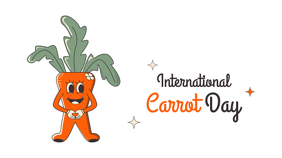 Happy Word Carrot Day banner with groovy happy character. A holiday of healthy plant-based food vegetarian. Vegetables background in april.