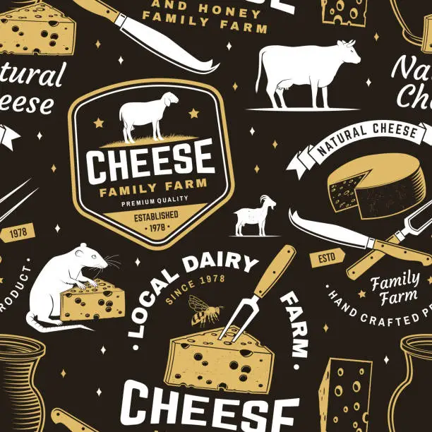 Vector illustration of Cheese family farm seamless pattern or background. Fabric, textile, wallaper with block cheese, sheep lacaune on the grass, fork, knife for cheese, cow, cheese press. Vector.
