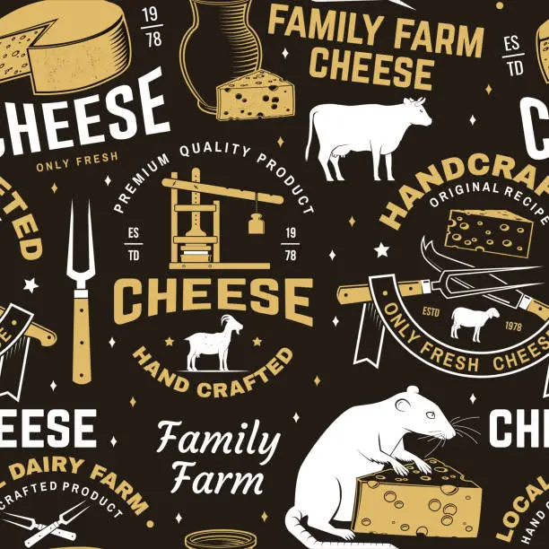 Vector illustration of Cheese family farm seamless pattern or background. Fabric, textile, wallaper with block cheese, sheep lacaune on the grass, fork, knife for cheese, cow, cheese press. Vector.