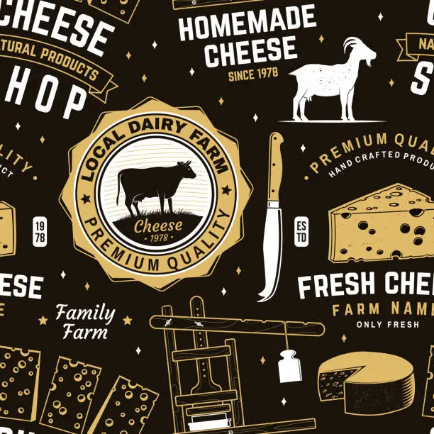 Vector illustration of Cheese family farm seamless pattern or background. Fabric, textile, wallaper with block cheese, sheep lacaune on the grass, fork, knife for cheese, cow, cheese press. Vector.