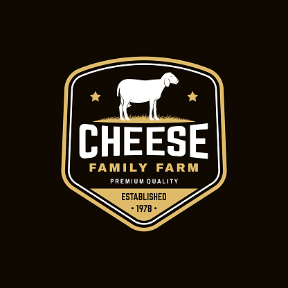 Cheese family farm badge design. Template for logo, branding design with sheep lacaune on the grass. Vector illustration. Hand crafted product cheese.