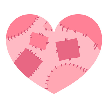 Heart with patches. Heart healed and mended with stitches. Heart decoration. Vector illustration