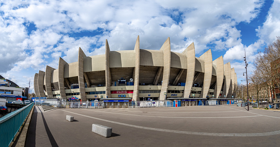 Paris, France - March 18, 2024: Panoramic exterior view of the Parc des Princes, French stadium hosting the Paris Saint-Germain (PSG) football club and Olympic venue