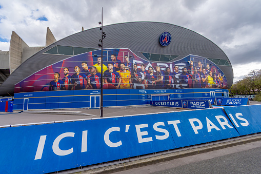 Paris, France - March 18, 2024: Panoramic exterior view of the Parc des Princes, French stadium hosting the Paris Saint-Germain (PSG) football club and Olympic venue