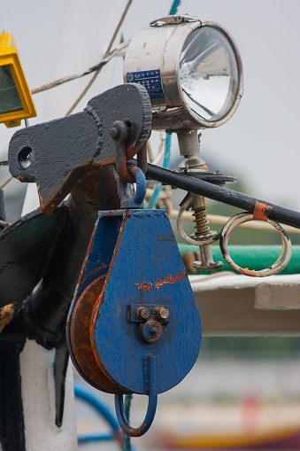 Fisheries boat approximately, equipment on the boat, light, network machine, elevator