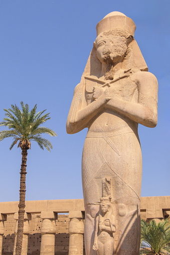 Nefertari statue, wife of Ramesses II in the temple of Luxor, Egypt, close to a palm tree in a sunny day with blue sky