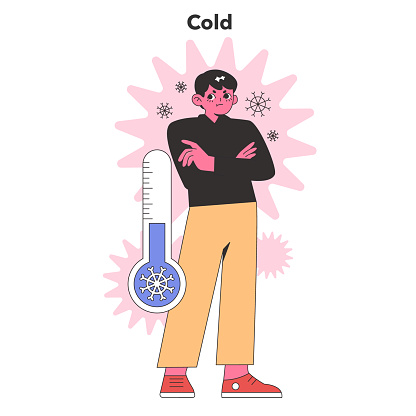 Cold Personality trait. An aloof character stands amidst symbolic frost, evoking feelings of emotional distance and chill. Flat vector illustration.