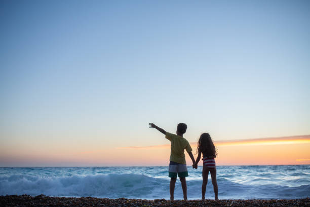 Rear view of children standing on the beach on a beautiful sunset