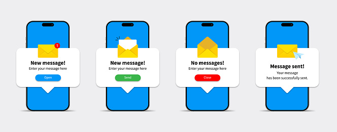 New message notification concept on realistic smartphone mockup set. New email pop up. Incoming, open messaging. Chatting, mail, post, letter symbol, sign, emblem with new notification for UI UX website. Vector set 10 eps.