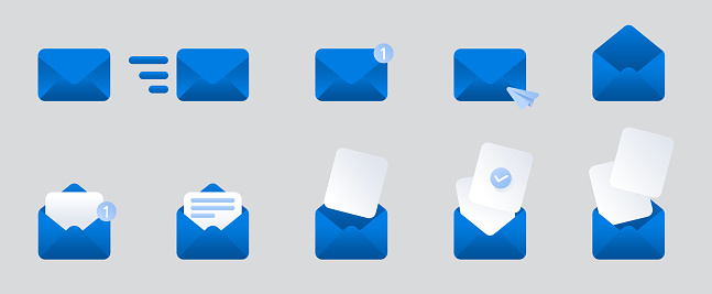 Blue mail envelope icon set with marker new message isolated on grey background. Render email notification with letters, check mark, paper plane and magnifying glass icons. Realistic vector 10 eps.