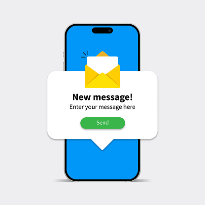 New message notification concept on realistic smartphone mockup set. New email pop up. Incoming, open messaging. Chatting, mail, post, letter symbol, sign, emblem with new notification for UI UX website. Vector illustration.