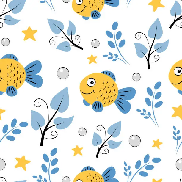 Vector illustration of Seamless pattern with goldfish and algae