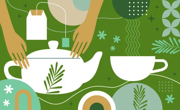 Vector illustration of Set of Tea Vector Illustration. Cup of Tea, Teabag, Green Tea, teapot, tea bag. Preparation. Hot drink background. Brewing. Vector set
