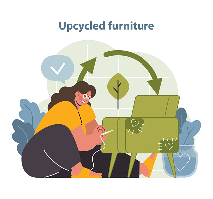 Upcycled Furniture Vector Illustration. An enthusiastic person adds a creative touch to upcycled furniture, depicting sustainable living through home decor innovation.