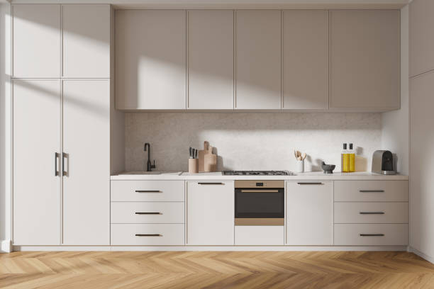 istock Stylish home kitchen interior with stove, oven and kitchenware on counter 2094879962