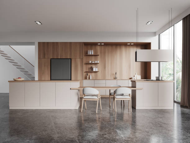 istock Stylish home kitchen interior with bar island and dining table, panoramic window 2094879968