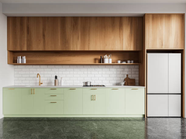 istock Luxury home kitchen interior with sink, refrigerator and kitchenware on counter 2094884616