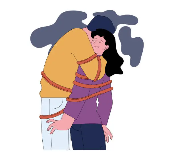 Vector illustration of Fear of long-term commitment. Scared and anxious woman tied up to a man