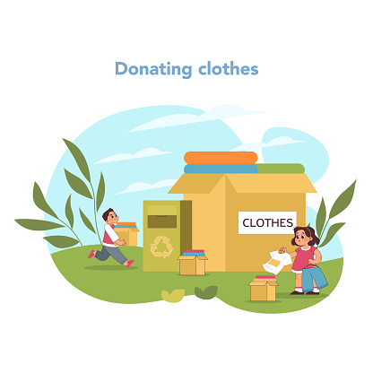 Apparel generosity concept. Active young volunteers collecting and boxing up clothing donations, promoting sustainable giving within community. Helping poor people in need. Vector illustration