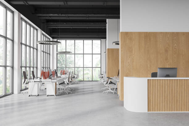 istock White and wooden office interior with reception 2094892617