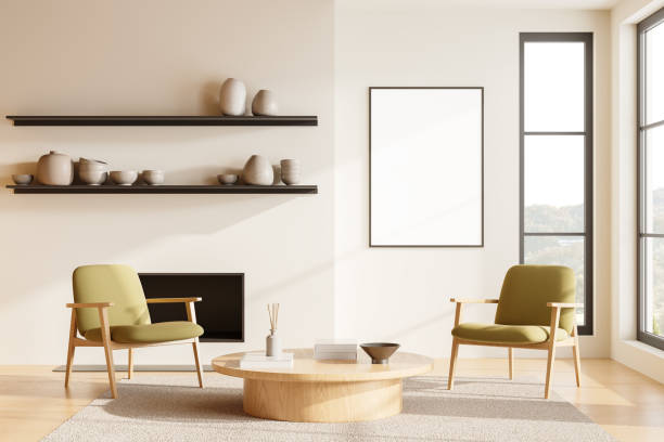 istock Beige home living room interior with relax place and window. Mockup frame 2094895220