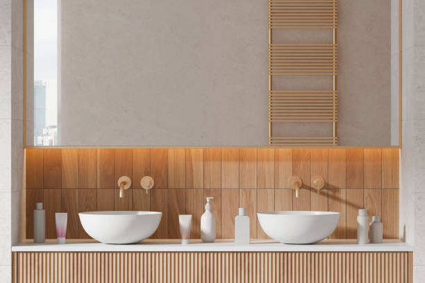 istock Stylish hotel bathroom interior with double sink and panoramic window 2094896778