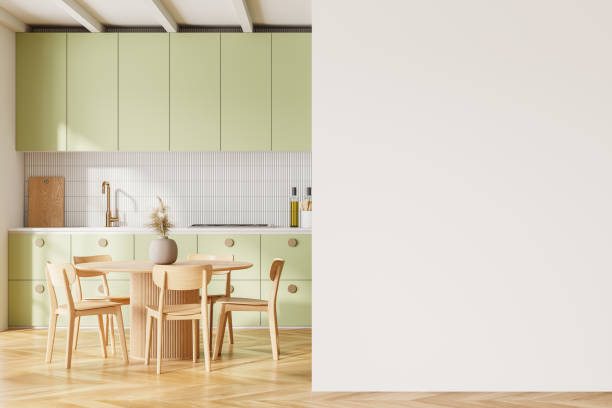 istock Stylish home kitchen interior with eating table and cabinet, mock up wall 2094899373