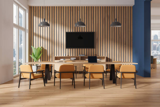 istock White and wooden board room interior with TV 2094906233