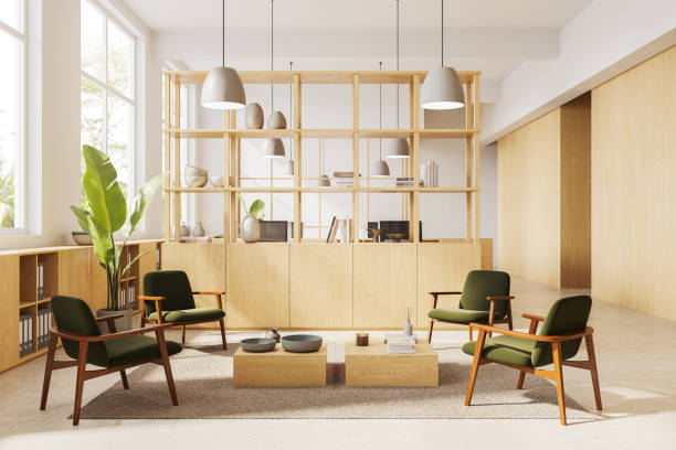 istock Modern coworking room interior with relax place, partition and panoramic window 2094908870