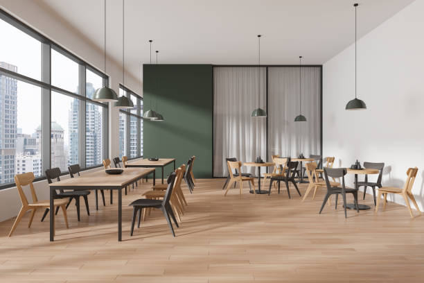 istock Modern cafe interior with chairs and tables near panoramic window 2094911539