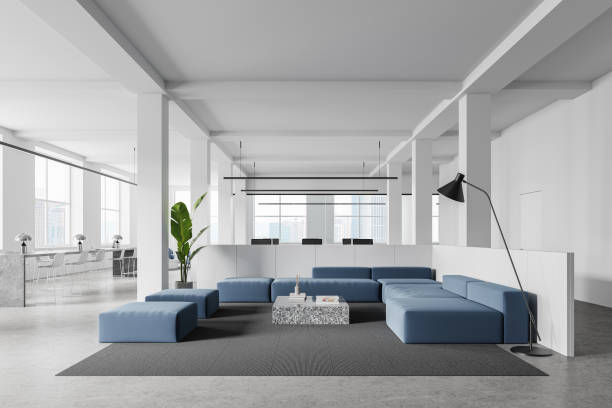istock White office waiting room interior with blue couches 2094916720