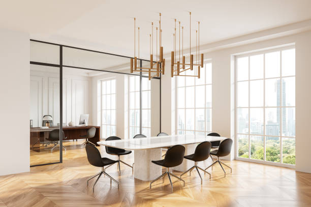 istock Modern office interior with stone table and chairs, workplace and window 2094917767