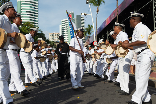 Salvador, Bahia, Brazil - February 03, 2024: Cultural group Fragata Brasileira is seen parading during Fuzue, pre-carnival in the city of Salvador, Bahia.