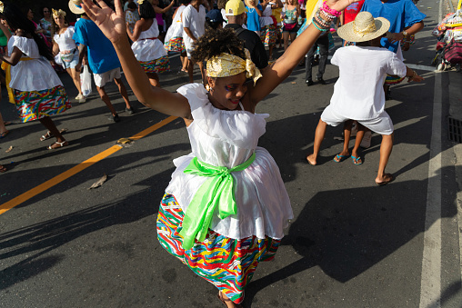 Salvador, Bahia, Brazil - February 03, 2024: Cultural group from Bahia is seen parading during Fuzue, pre-carnival in the city of Salvador, Bahia.