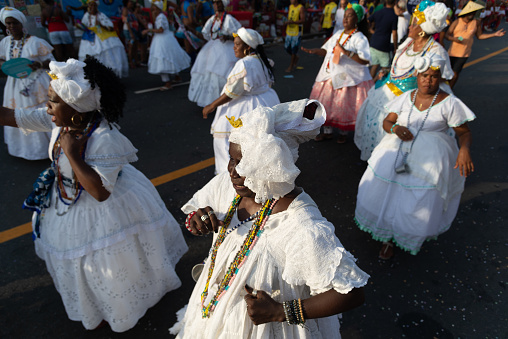 Salvador, Bahia, Brazil - February 03, 2024: Cultural groups are seen parading during Fuzue, pre-carnival in the city of Salvador, Bahia.