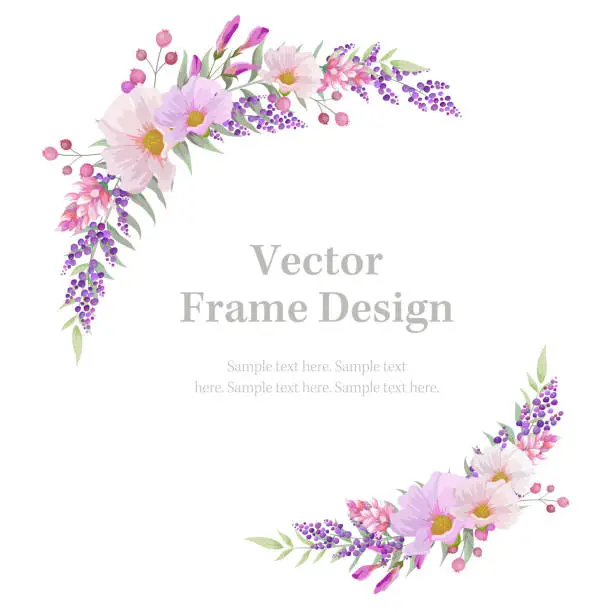 Vector illustration of Botanical round and circle frame and  border of spring flower and leaf. Pink and purple wild flowers vector illustration.
