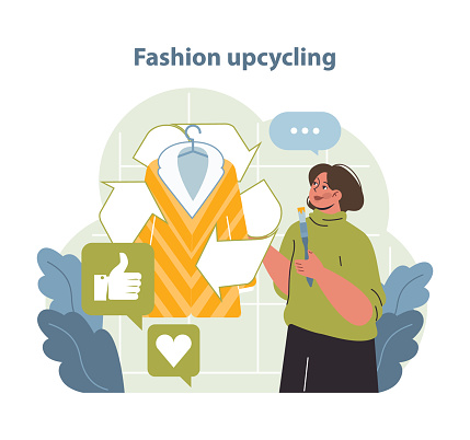 Fashion Upcycling Vector Illustration. A joyful person engages with upcycled clothing, representing the positive impact and creativity of sustainable fashion.