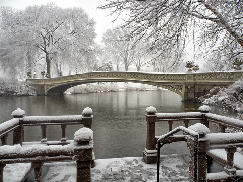 Bow bridge, Central Park, New York City, early morning during snow storm