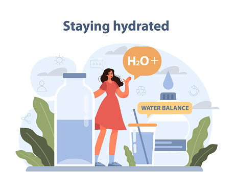 Staying Hydrated theme. A woman highlights the benefits of water intake for maintaining fluid balance. Promoting health through hydration. Vector illustration.