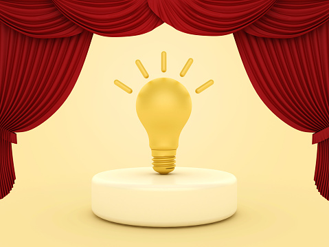 Light Bulb on Curtain Stage - Color Background - 3D Rendering