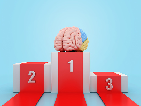 Brain on Podium - Color Background - 3D rendering