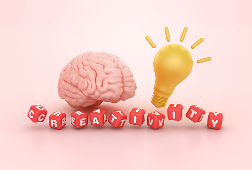 Brain with Light Bulb and Creativity Blocks - Color Background - 3D rendering