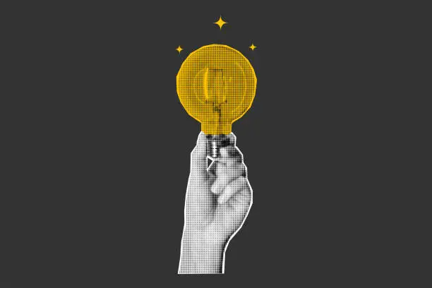 Vector illustration of Hand holding a glowing light bulb