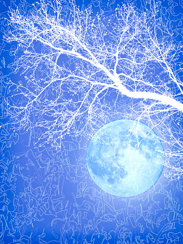 Ethereal Fantasy Full Moon and Tree Silhouette with copy space - Elements of this image are provided by NASA