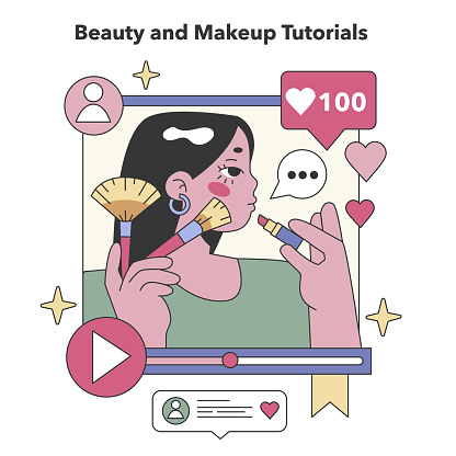 Beauty and Makeup Tutorials theme. Online cosmetic skill tutorials for beauty enthusiasts. Makeup application, style tips, personal grooming. Flat vector illustration.
