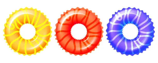 Vector illustration of Set of 3d inflatable swim rings isolated on transparent background. Realistic swimming circle, top view. Summertime symbol. Vector illustration