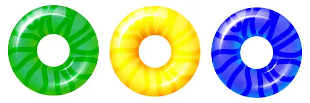 Vector illustration of 3d inflatable swim rings isolated on transparent background. Realistic swimming circle. Summertime symbol. Swimming ring set, top view. Vector illustration