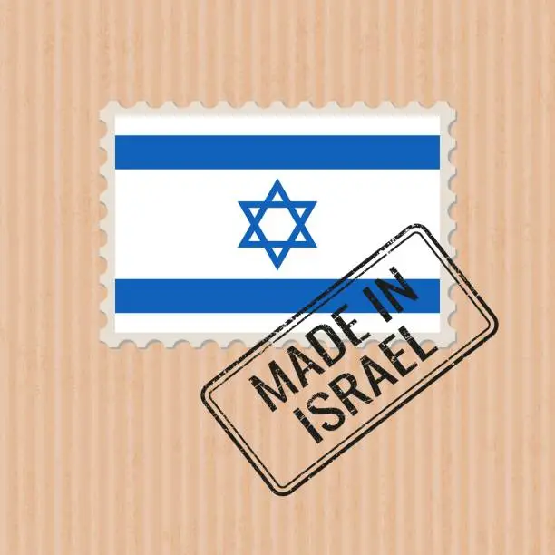 Vector illustration of Made in Israel badge vector. Sticker with Israeli national flag. Ink stamp isolated on paper background.