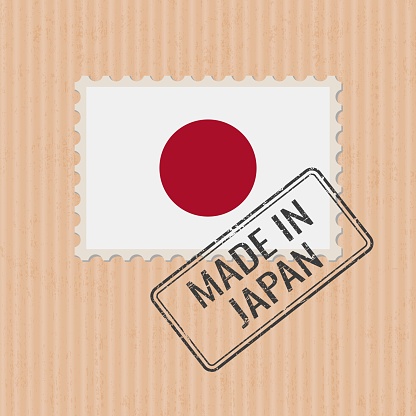 Made in Japan badge vector. Sticker with Japanese national flag. Ink stamp isolated on paper background.